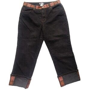 Coldwater Creek Sz 12 Women's Cropped Jeans Black Denim Cuff Pants Mid-Rise